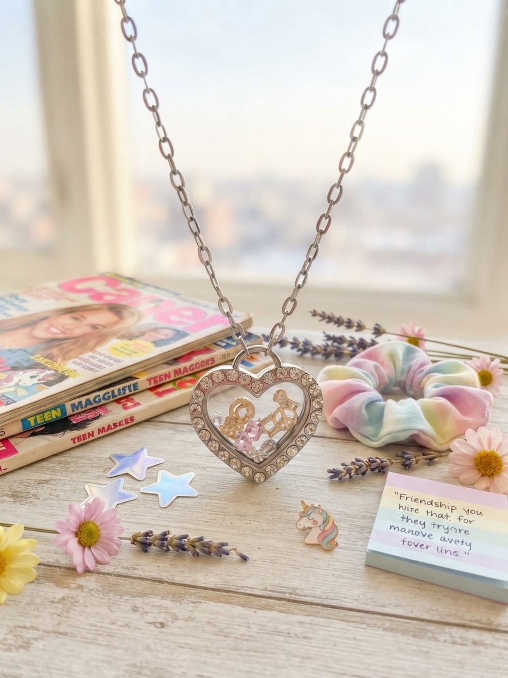 Silver Heart Locket Necklace with Pink Charm